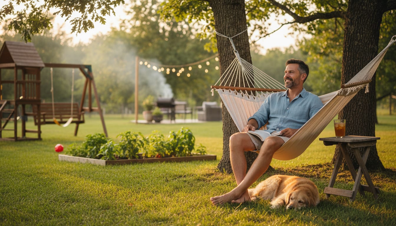 Man in his 40s relaxing outdoors on a summer evening, enjoying stress-free time