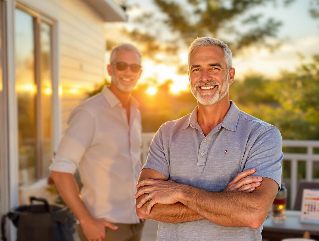 Man in his 40s successfully implementing all four pillars of summer success - routine adaptations, consistency techniques, flexibility strategies, and momentum maintenance - while enjoying summer activities