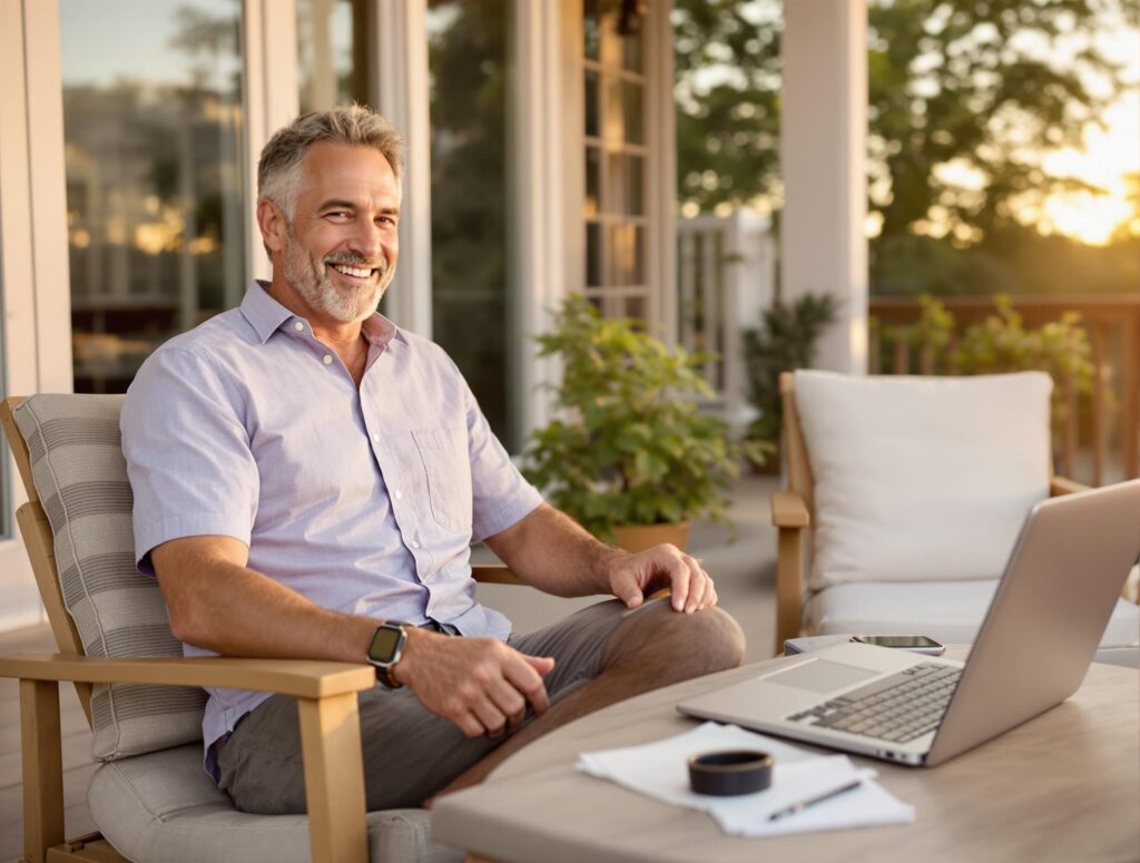 Middle-aged man in casual outdoor setting reflecting on successful summer transformation, showcasing the balanced achievement of health, wealth, and happiness goals