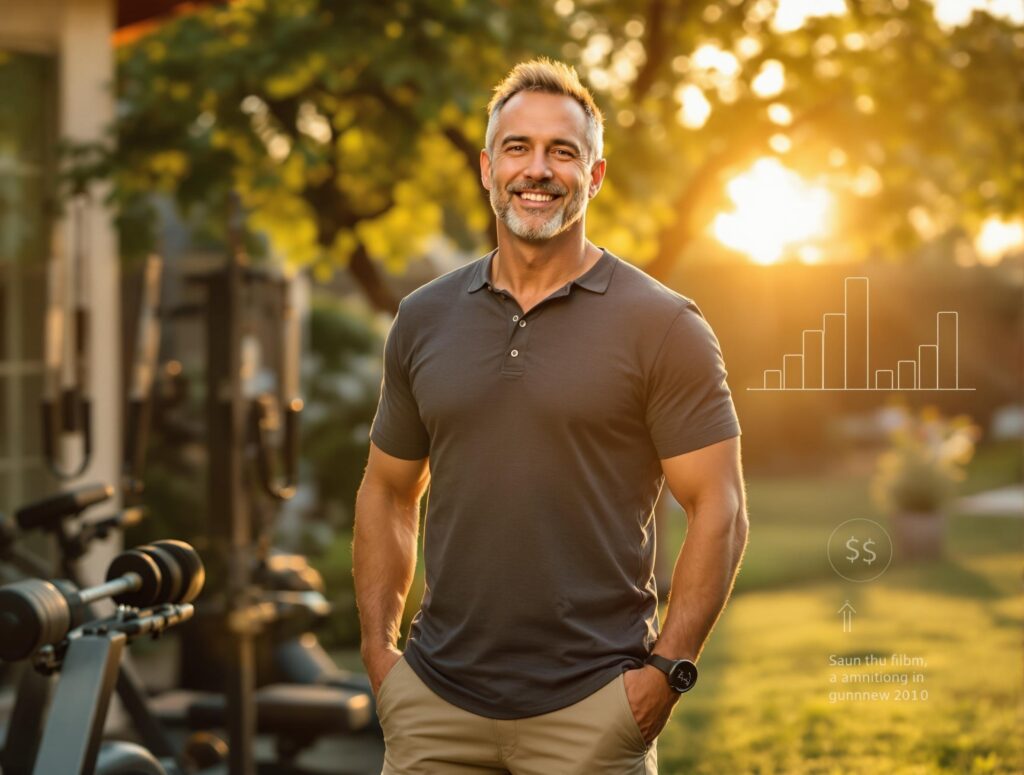 Man in his 40s celebrating successful summer transformation showing confidence and achievement after implementing the Summer Success Triangle approach