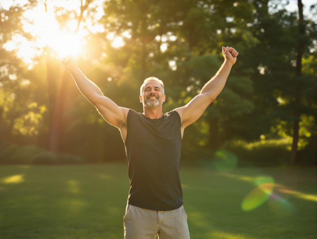 Man in his 40s enjoying early morning summer sunlight representing natural energy boost and vitamin D optimization for transformation