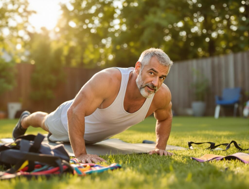 Man in his 40s doing early morning outdoor workout demonstrating heat-adapted fitness strategy for summer transformation