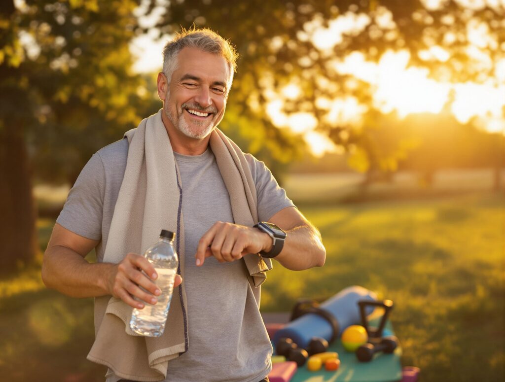 Man in his 40s successfully completing summer workout routine with satisfied expression, representing achievement of consistent fitness goals despite seasonal challenges