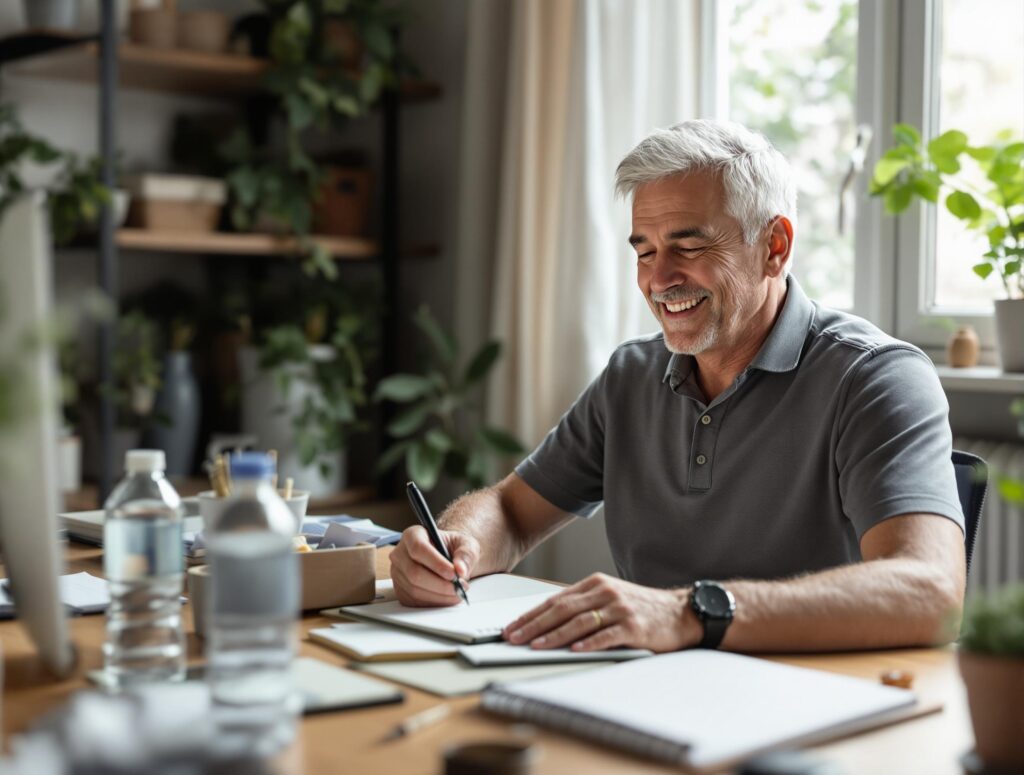 Professional man in his 40s demonstrating sustainable work practices for career burnout prevention including organized workspace, balanced schedule, and healthy work habits in a home office environment