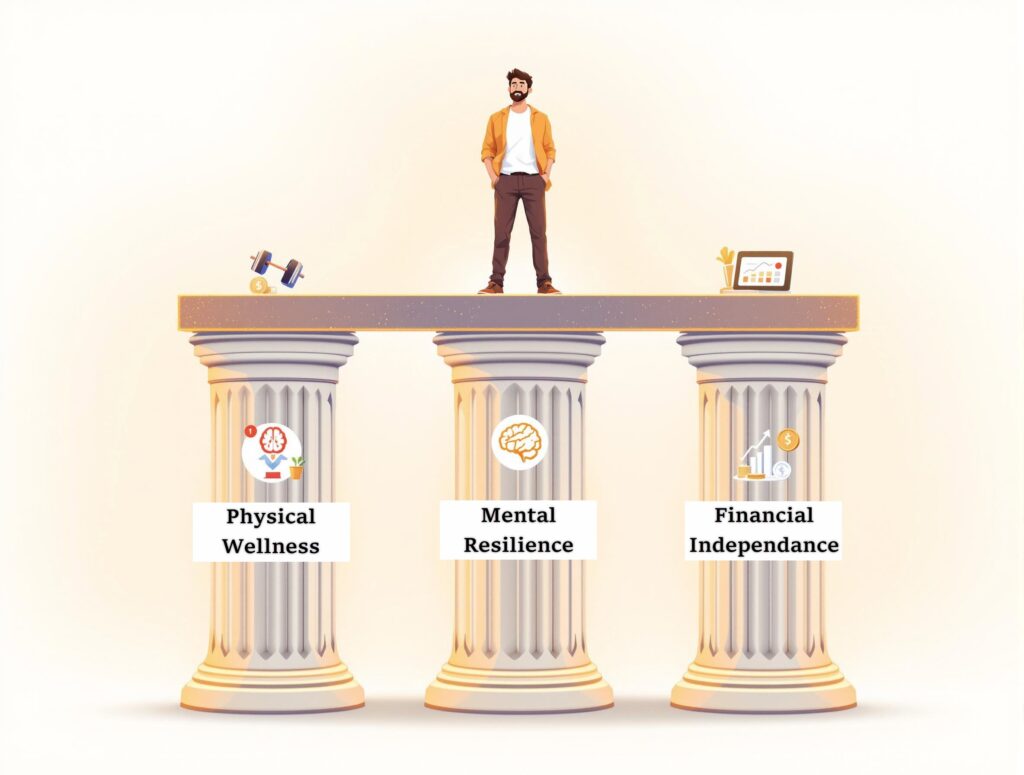 Three wooden pillars representing physical wellness, mental resilience, and financial independence supporting a balanced platform, illustrating the foundation of life success for men over 40