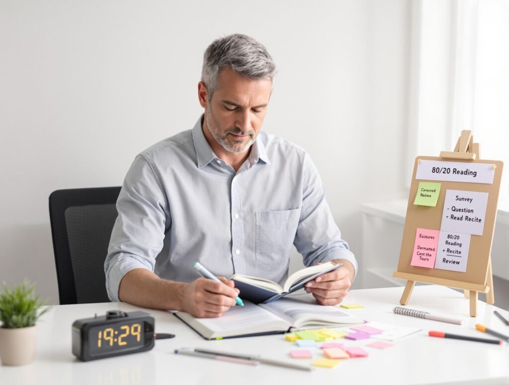 Professional man in his 40s using efficient reading techniques with highlighted book, notes, and timer showing focused learning approach