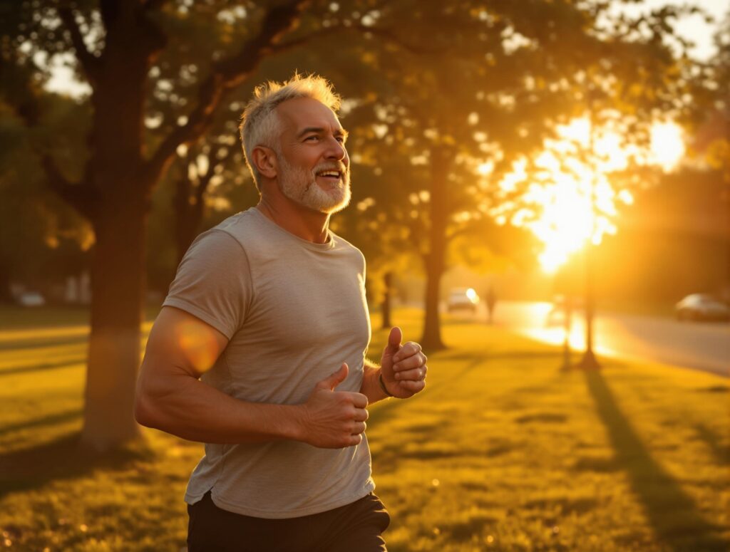 Man in his 40s exercising during early morning golden hour outdoors, demonstrating optimal timing for summer workouts to avoid peak heat