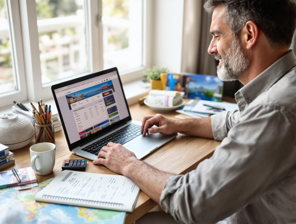 Man in his 40s planning budget-friendly vacation with laptop, maps, and travel guides spread on kitchen table in casual home setting