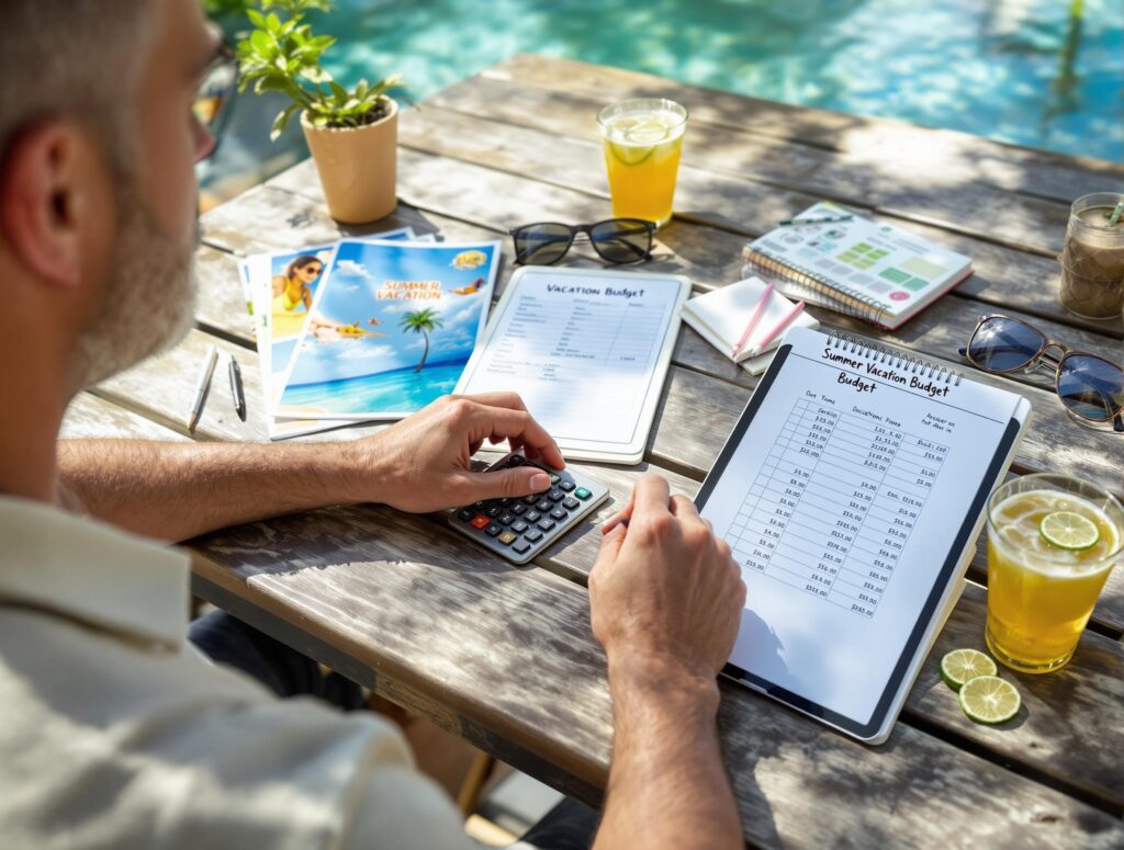 Man in his 40s planning summer vacation budget outdoors with beach destination materials, calculator, and planning documents on patio table