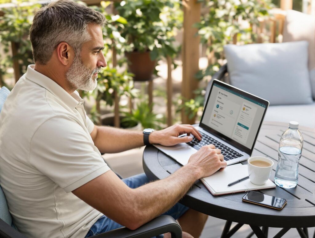 Man in his 40s in casual home office setting working on laptop with financial planning materials, books, and coffee, representing summer wealth building strategies