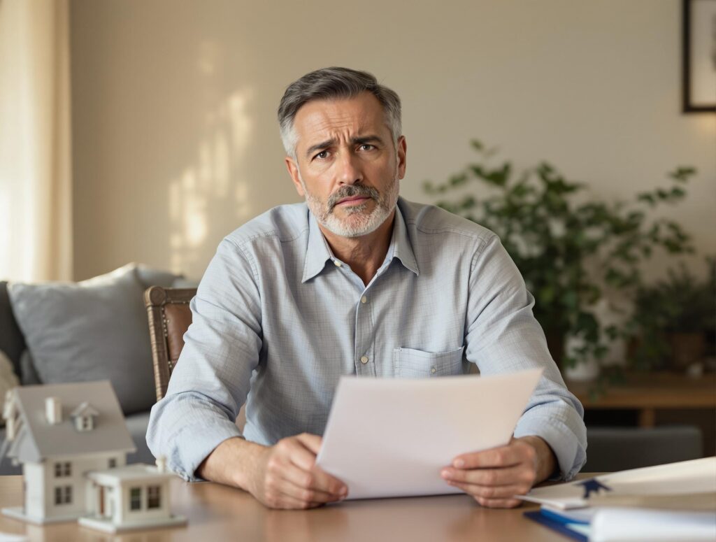 Professional man in his 40s looking thoughtfully at financial charts and family photos representing financial security and peace of mind