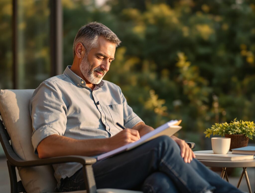 Middle-aged man in casual clothing sitting outdoors with journal and coffee, reflecting on goals during peaceful summer morning, representing seasonal goal alignment