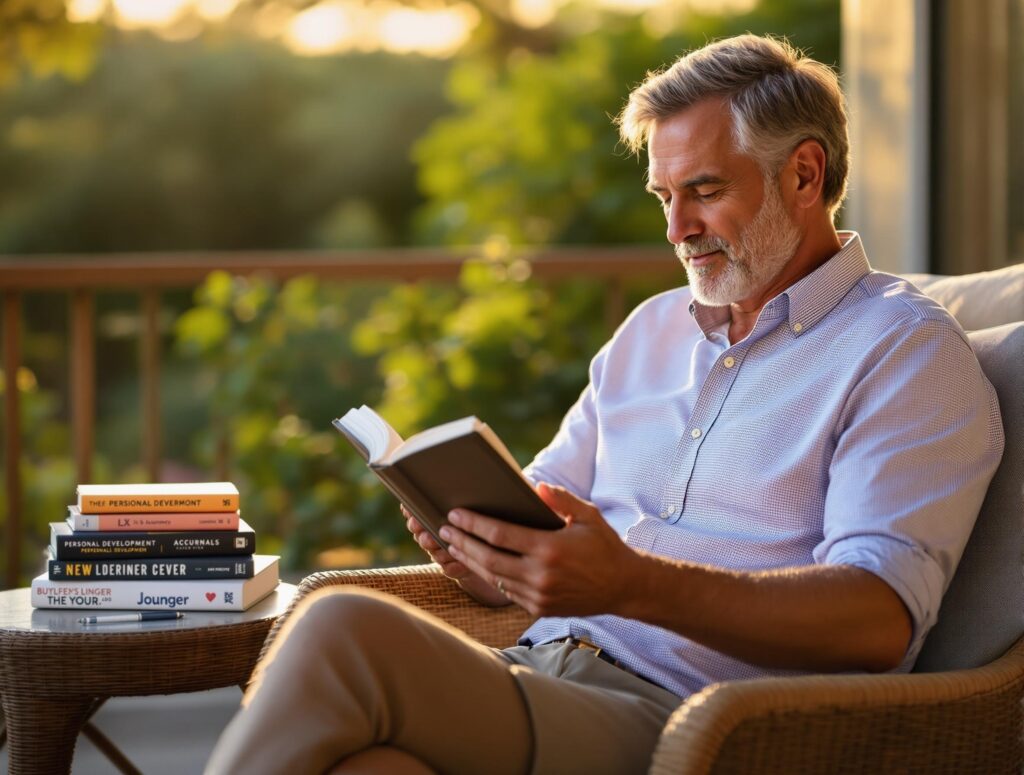 Man in his 40s reading outdoors in summer setting with natural lighting showing personal growth and learning journey