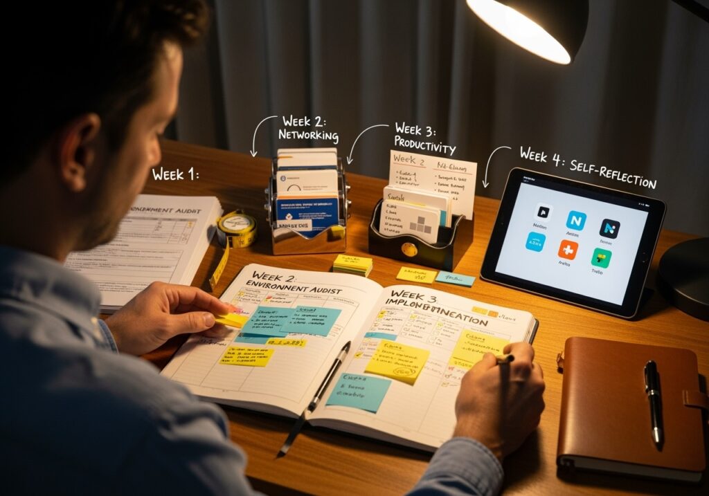 Professional man in his 40s reviewing detailed 30-day calendar and planning materials with weekly goals and systematic approach to building success ecosystem