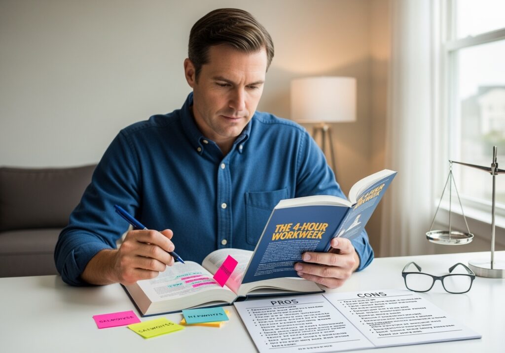 Professional man in his 40s analyzing pros and cons of 4-Hour Workweek methodology with balanced scale and evaluation charts, representing critical thinking about lifestyle design