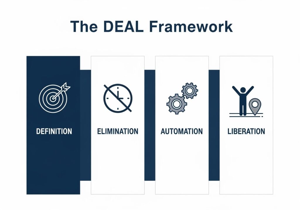 DEAL Framework infographic showing Definition, Elimination, Automation, and Liberation steps from Tim Ferriss 4-Hour Workweek methodology for lifestyle design