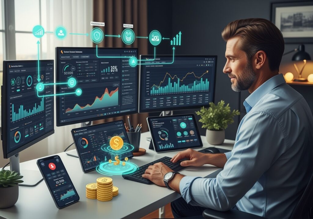 Professional man in his 40s working on laptop with financial charts and automation symbols, representing passive income and financial independence through 4-Hour Workweek strategies