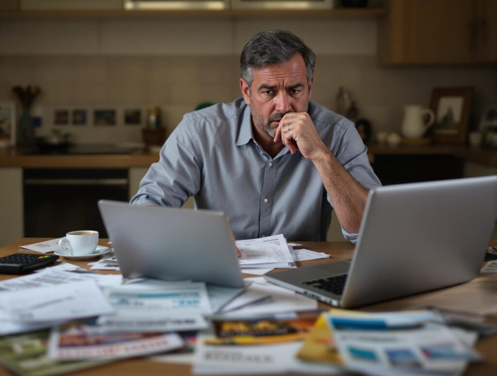 Concerned man in his 40s looking at vacation booking costs on laptop screen, representing financial stress and wake-up call moment