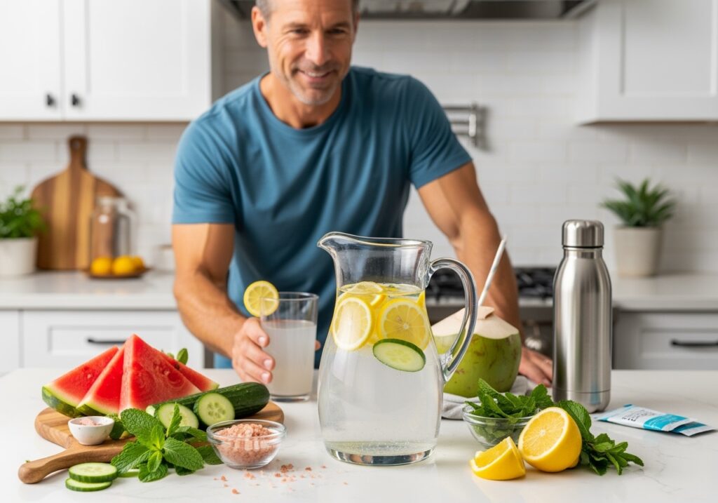 Man in his 40s demonstrating advanced hydration techniques with various electrolyte drinks, coconut water, and natural hydration sources arranged on a table, showing hydration strategies beyond plain water