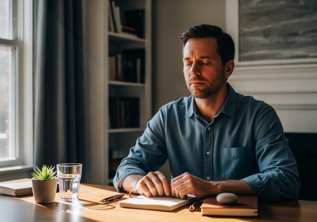 Man in his 40s practicing advanced mental readiness strategies including mindfulness and visualization techniques for goal achievement