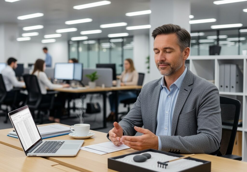 Professional man in his 40s using advanced stress management techniques at workplace, executive stress relief strategies for busy men