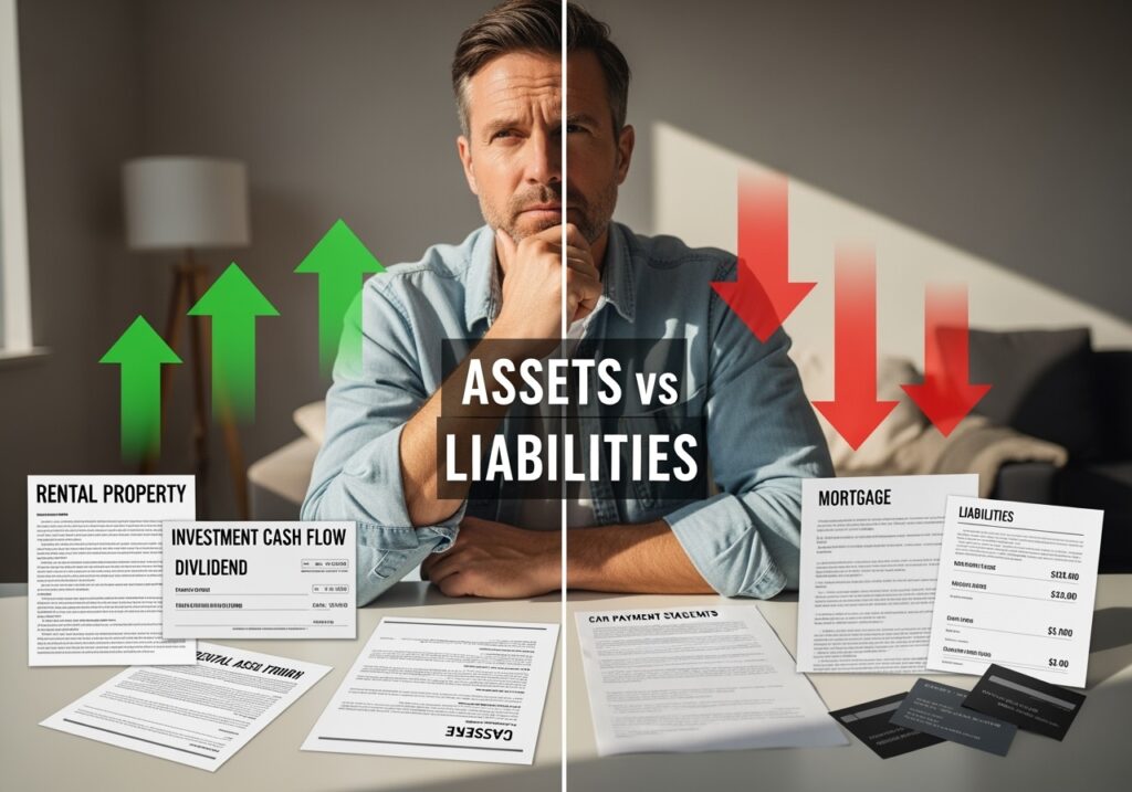 Man in his 40s analyzing the difference between assets and liabilities using visual charts and documents, representing the mindset shift from Rich Dad Poor Dad financial lessons
