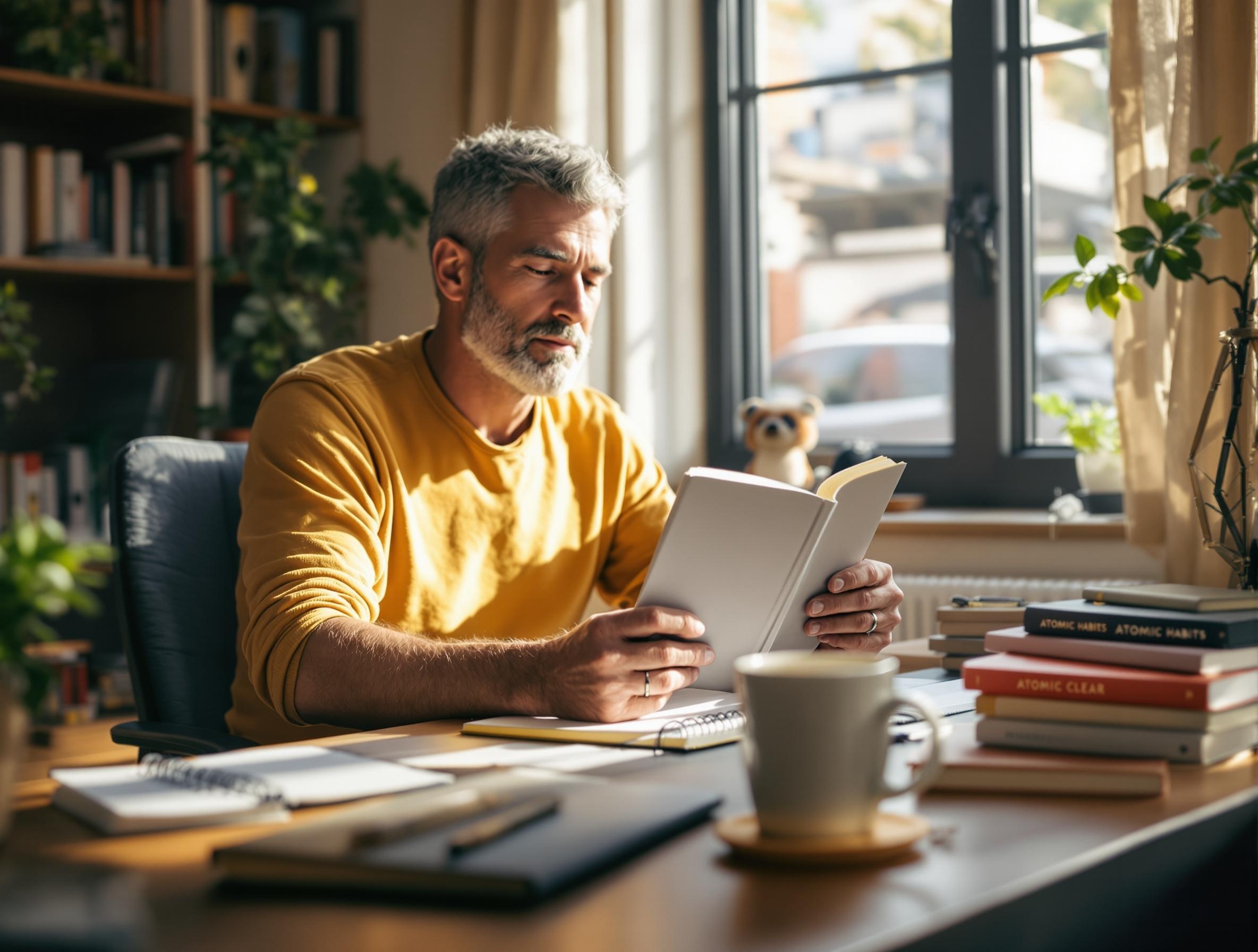 Man in his 40s reading Atomic Habits book in comfortable home setting with coffee and notebook, representing habit formation and personal development journey