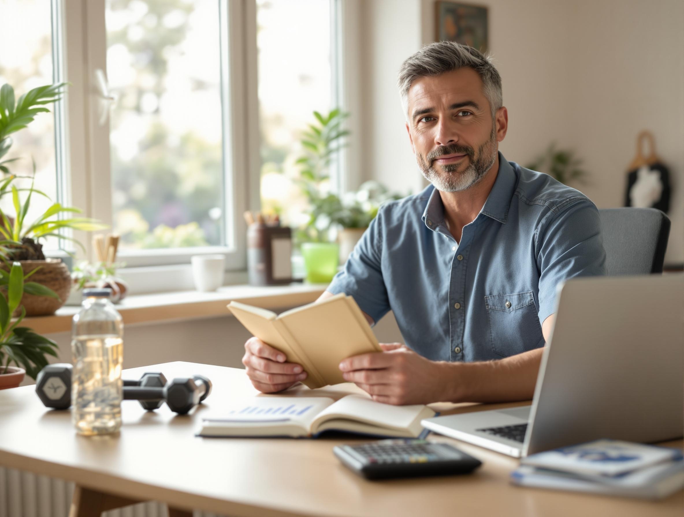 Man in his 40s demonstrating the three pillars of wellness - physical fitness, mental resilience, and financial planning - in a realistic home environment showing integrated habit formation