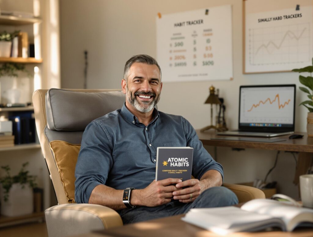 Man in his 40s showing transformation journey through atomic habits, displaying physical wellness, mental resilience, and financial independence progress in an inspiring home setting with books and planning materials