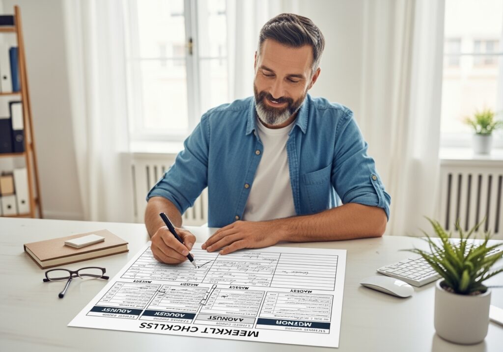 Man in his 40s working through weekly August action plan checklist with calendar, planning materials, and checkbox lists organized by weeks, representing systematic monthly planning approach