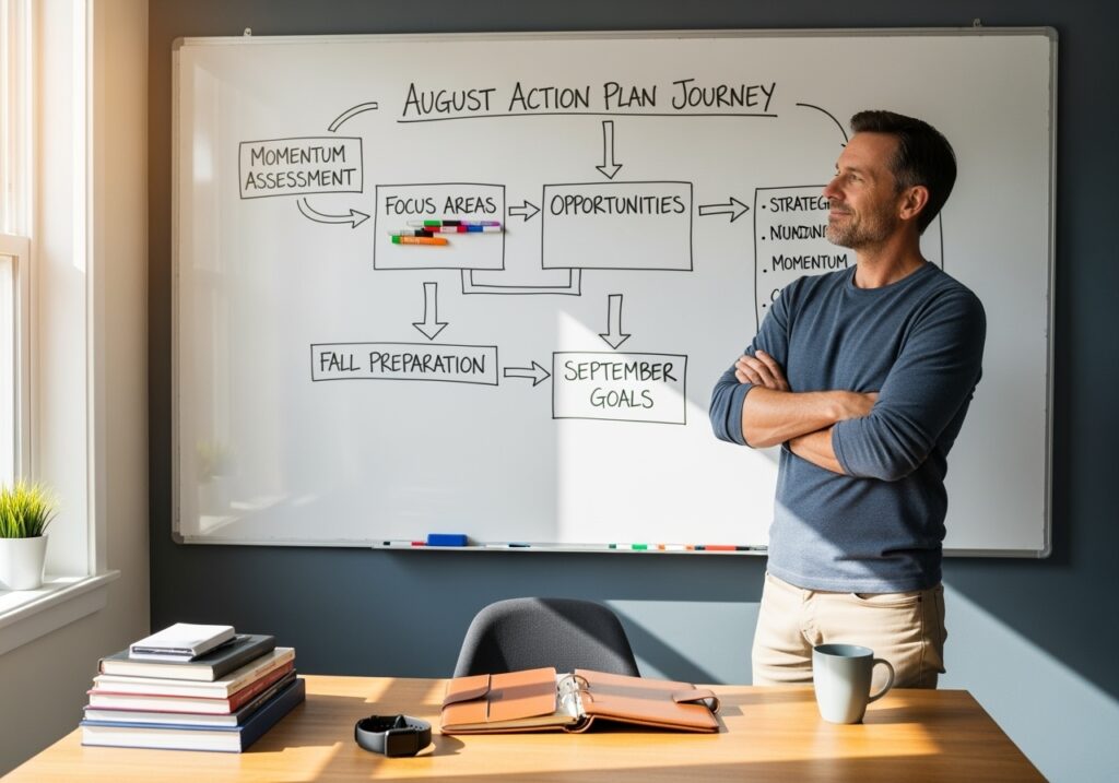 Confident man in his 40s celebrating successful August action plan implementation with organized workspace showing completed assessments, focused goals, identified opportunities, and September preparation materials