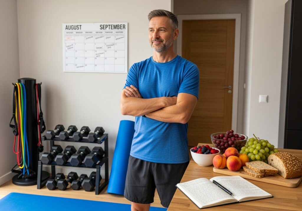 Man over 40 celebrating successful August body reset transformation with complete home fitness setup and confident posture