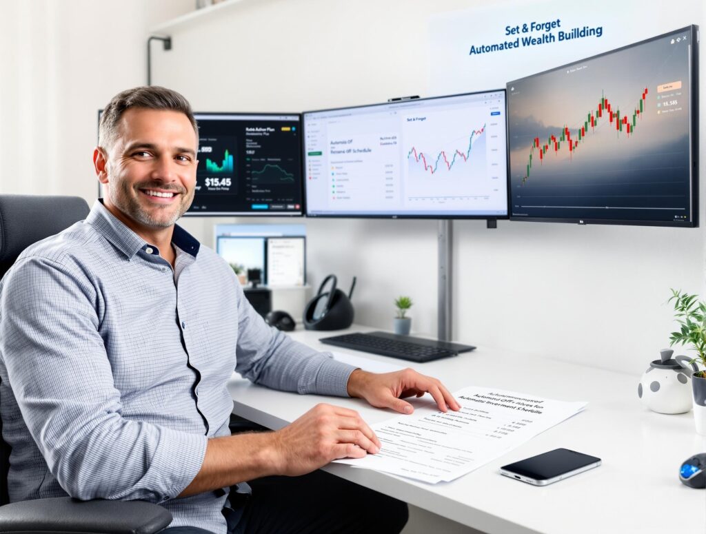 Man in his 40s setting up automated investment systems on laptop with robo-advisor interface and systematic investment plans displayed