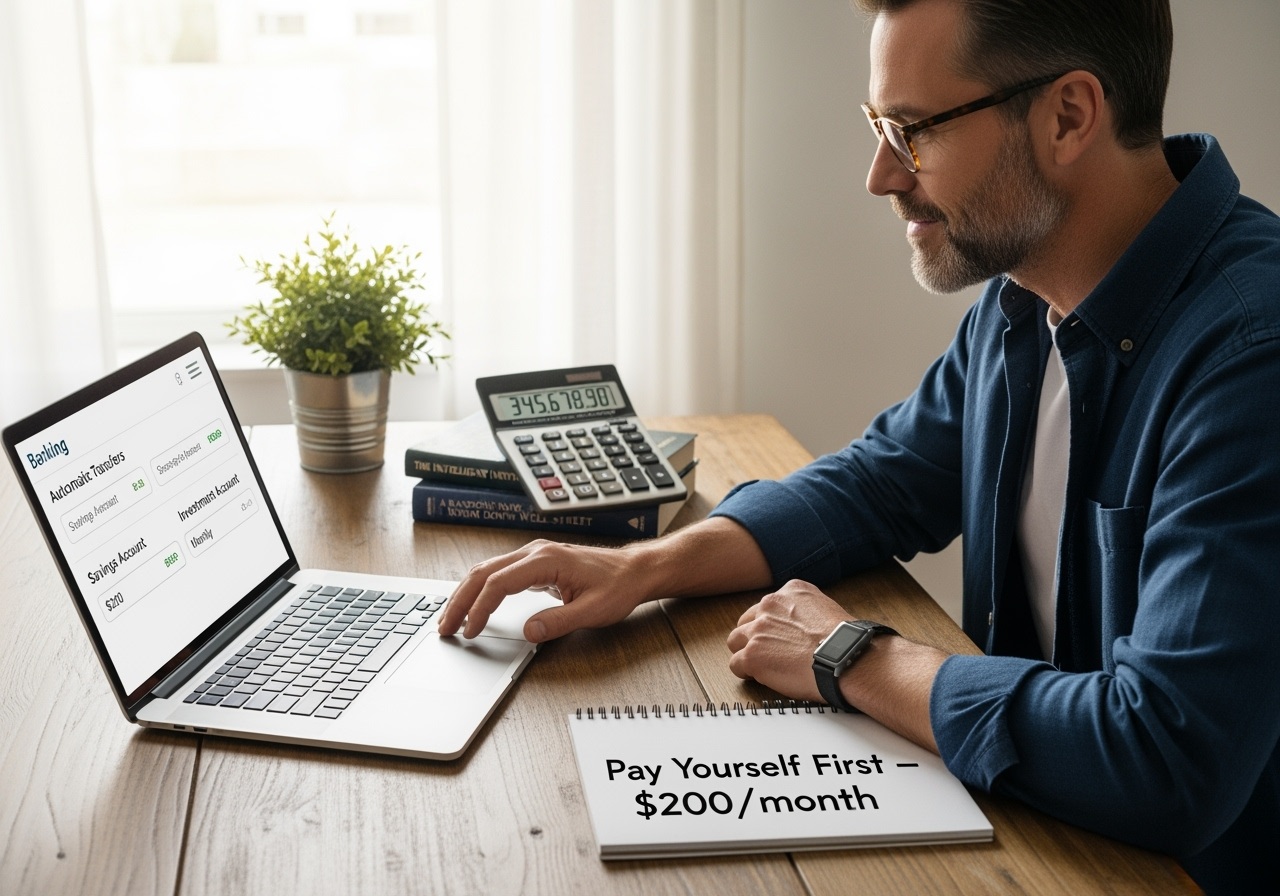 Focused man in his 40s at home office desk setting up automatic savings and investment transfers on laptop, with financial planning documents and calculator, showing determination to build wealth systematically