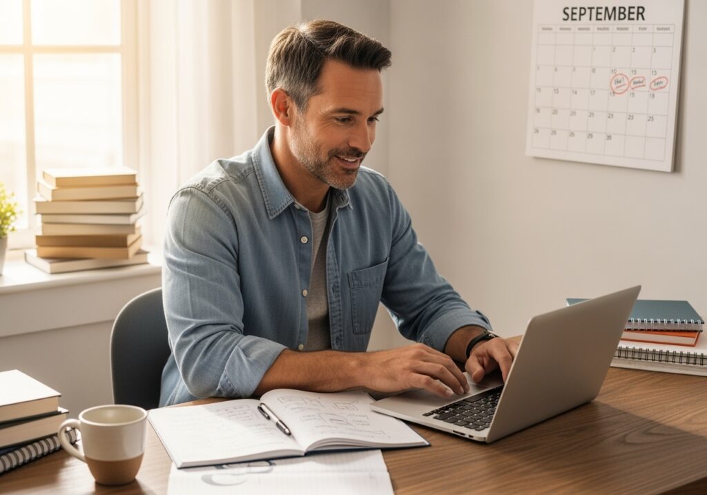 Man in his 40s exploring learning opportunities with laptop, books, and educational materials in September back-to-school setting