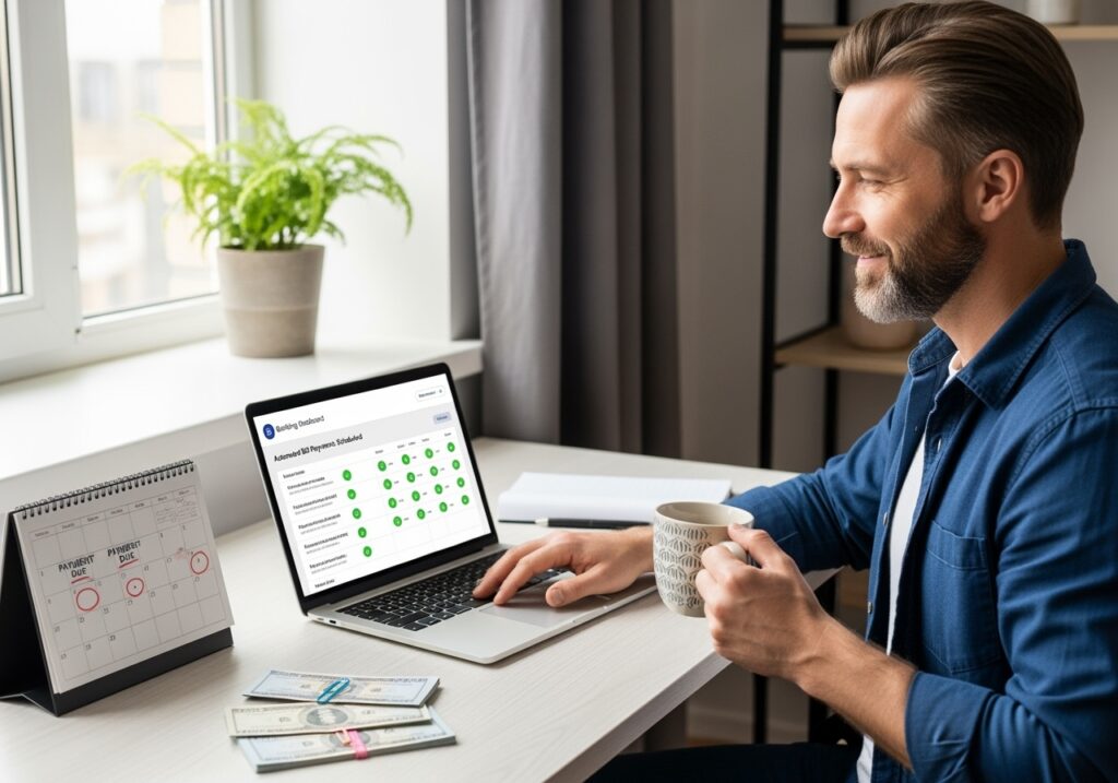 Professional man in his 40s at organized home office desk reviewing automated bill payments on laptop screen, with calendar and documents showing payment schedules in natural lighting