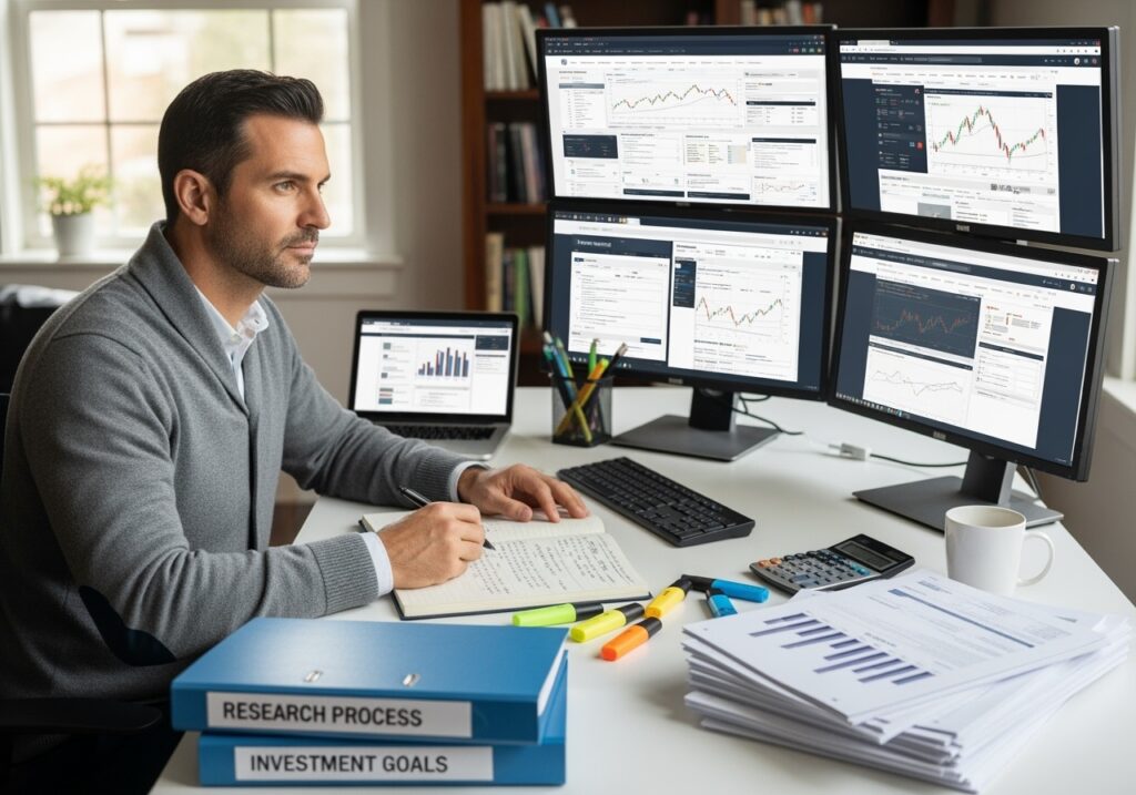 Professional man in his 40s conducting investment research at organized home office with multiple financial resources, books, computer, and research materials spread across desk