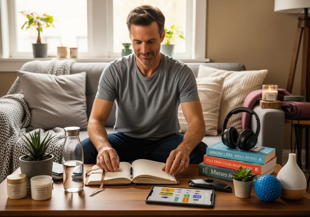 Man in his 40s building personalized stress management system, customized stress resilience toolkit for summer success
