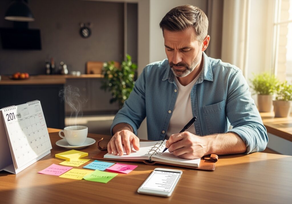 Professional man in his 40s creating a structured stress management plan, organized approach to summer stress prevention for busy men