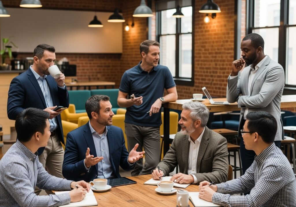 Professional men in their 40s having meaningful conversation in casual coffee shop setting discussing goals and providing mutual support