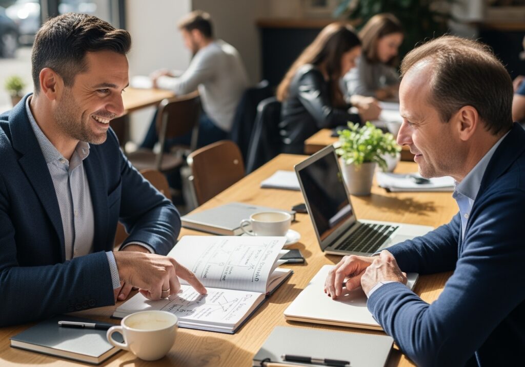 Men in their 40s collaborating and supporting each other in professional networking and accountability partnership setting