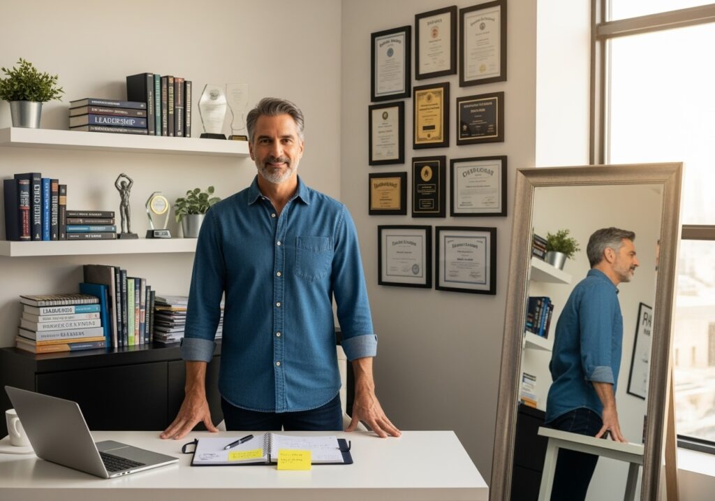 Professional man in his 40s looking thoughtful while problem-solving at desk, representing common confidence challenges and solutions for men over 40