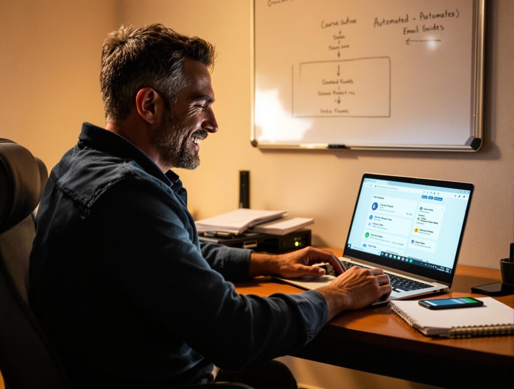 Man in his 40s creating digital course content on computer with sales notifications and automated income streams displayed on screen