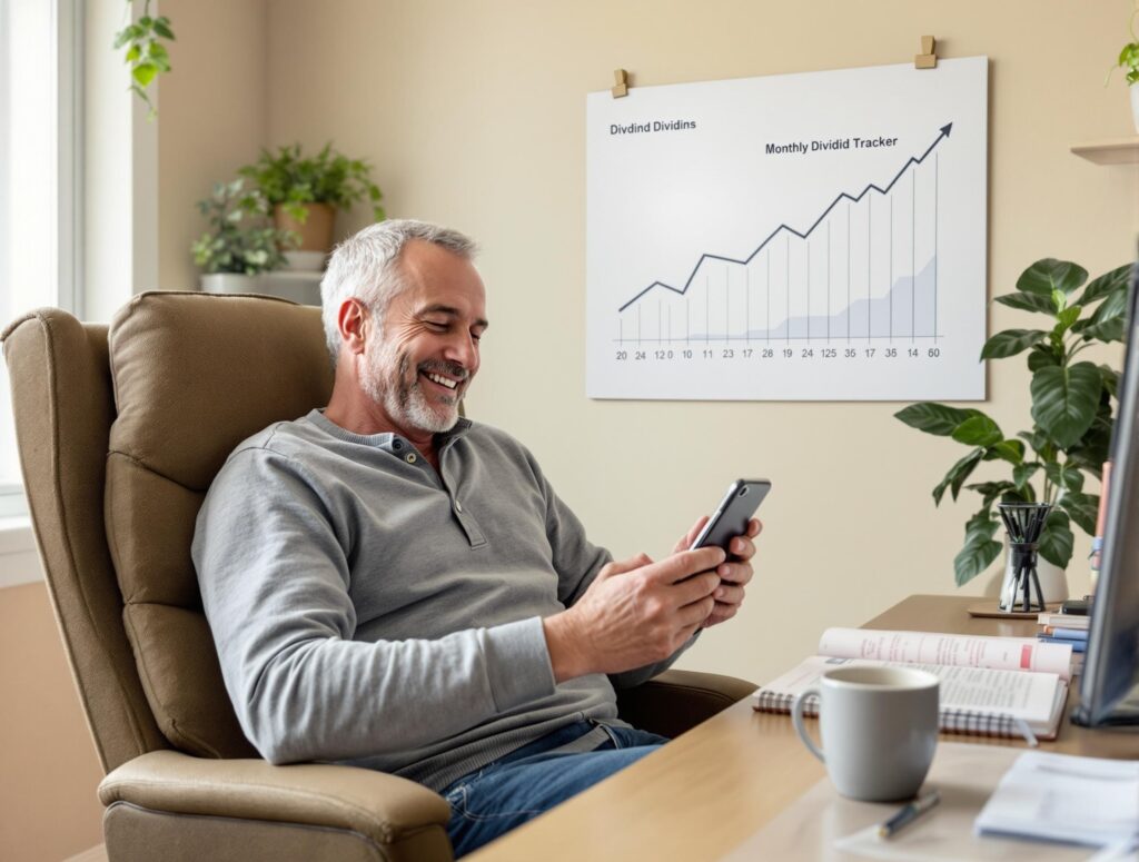 Man in his 40s analyzing dividend stock performance on laptop in comfortable home office setting with financial documents and coffee