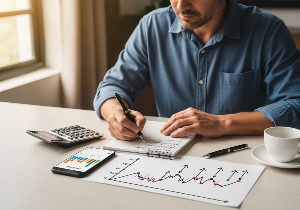 Professional man in his 40s reviewing dollar-cost averaging investment strategy on computer screen showing market volatility charts and regular investment schedule