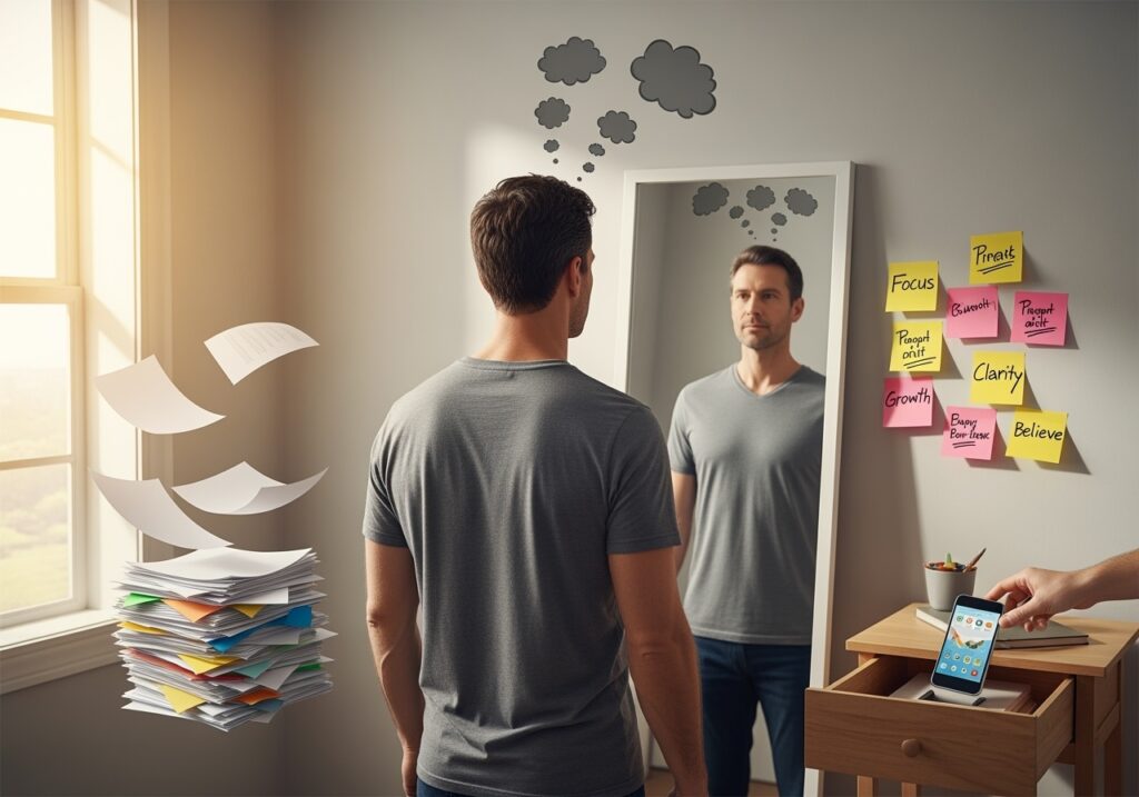 Man in his 40s looking thoughtfully at mirror while removing negative influences and distractions from organized workspace environment