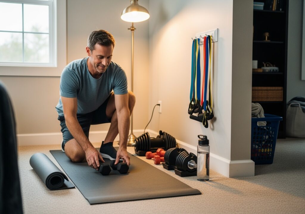 Man over 40 organizing home fitness equipment and workout space for fall fitness routine with dumbbells resistance bands and yoga mat