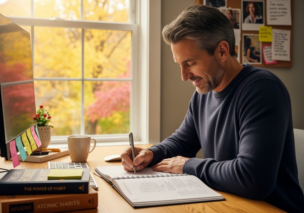 Professional man in his 40s organizing goals and priorities with notebooks, sticky notes, and planning materials in autumn-themed workspace