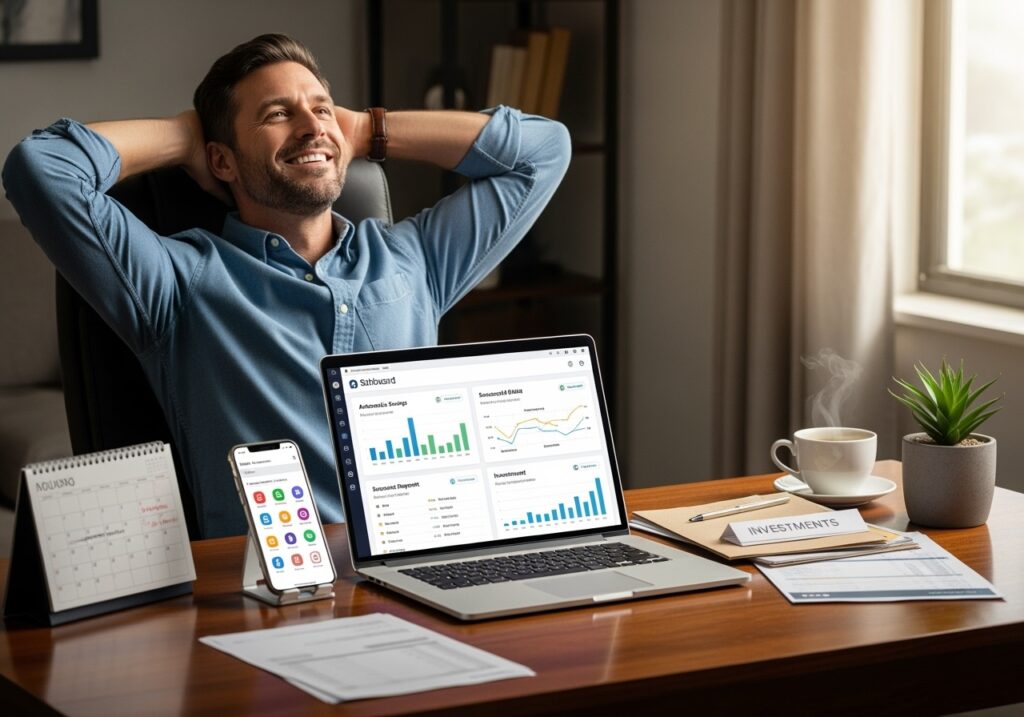 Successful man in his 40s relaxing at home with family photos nearby, confidently using smartphone to check automated financial systems, representing achieved financial peace and life balance