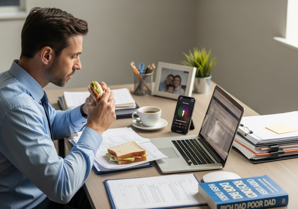 Busy professional man in his 40s reading financial books and using laptop for investment research during limited free time, representing financial education for time-strapped professionals